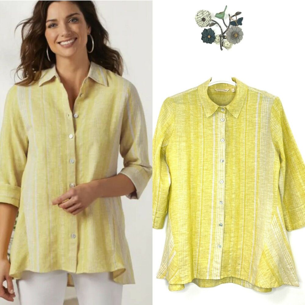 Soft Surroundings Yellow Stripe Livienne Linen Button Down Shirt Top Size XL